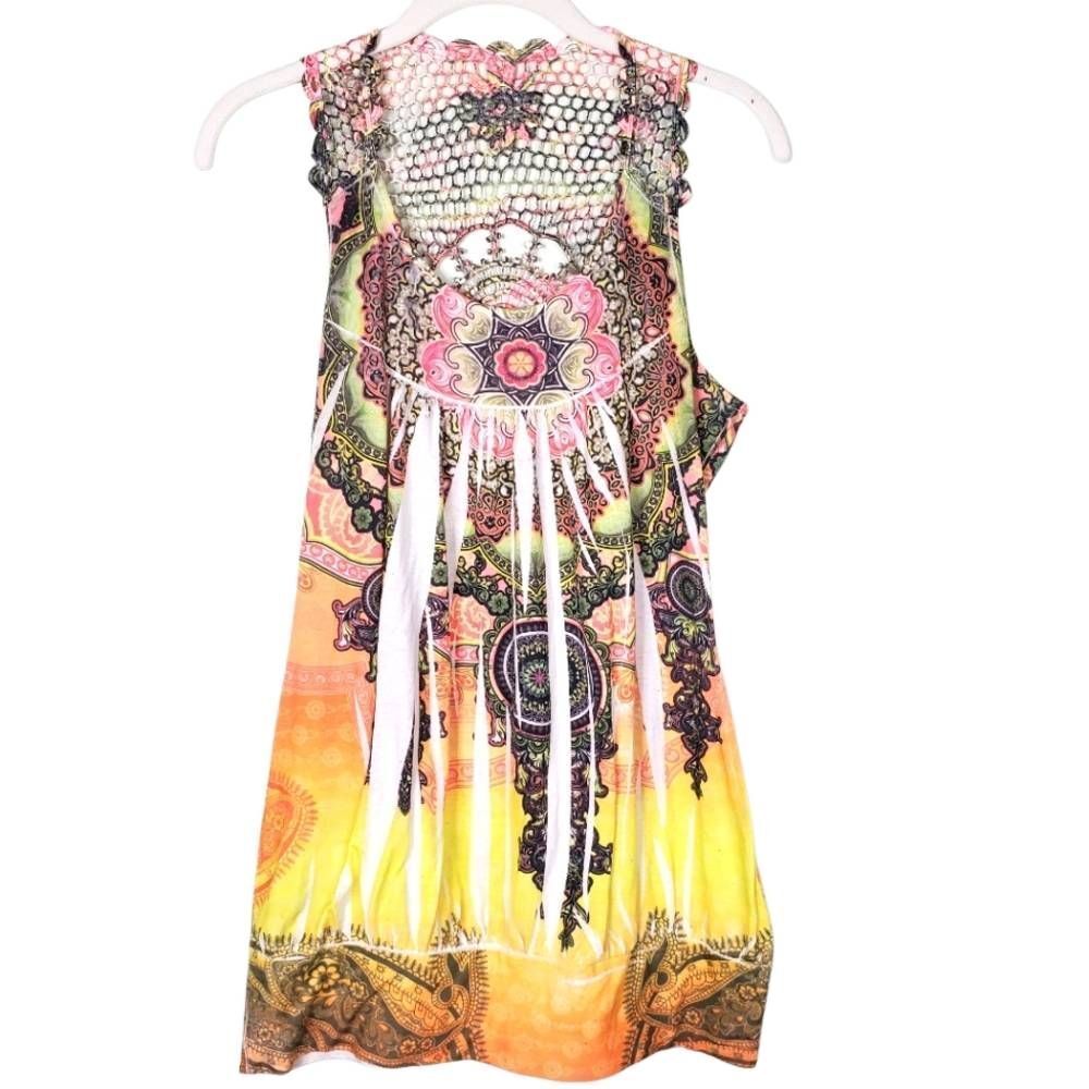 Rue 21 Mandala Print Crochet Back Sleeveless Boho‎ Tunic Top Multicolor XL